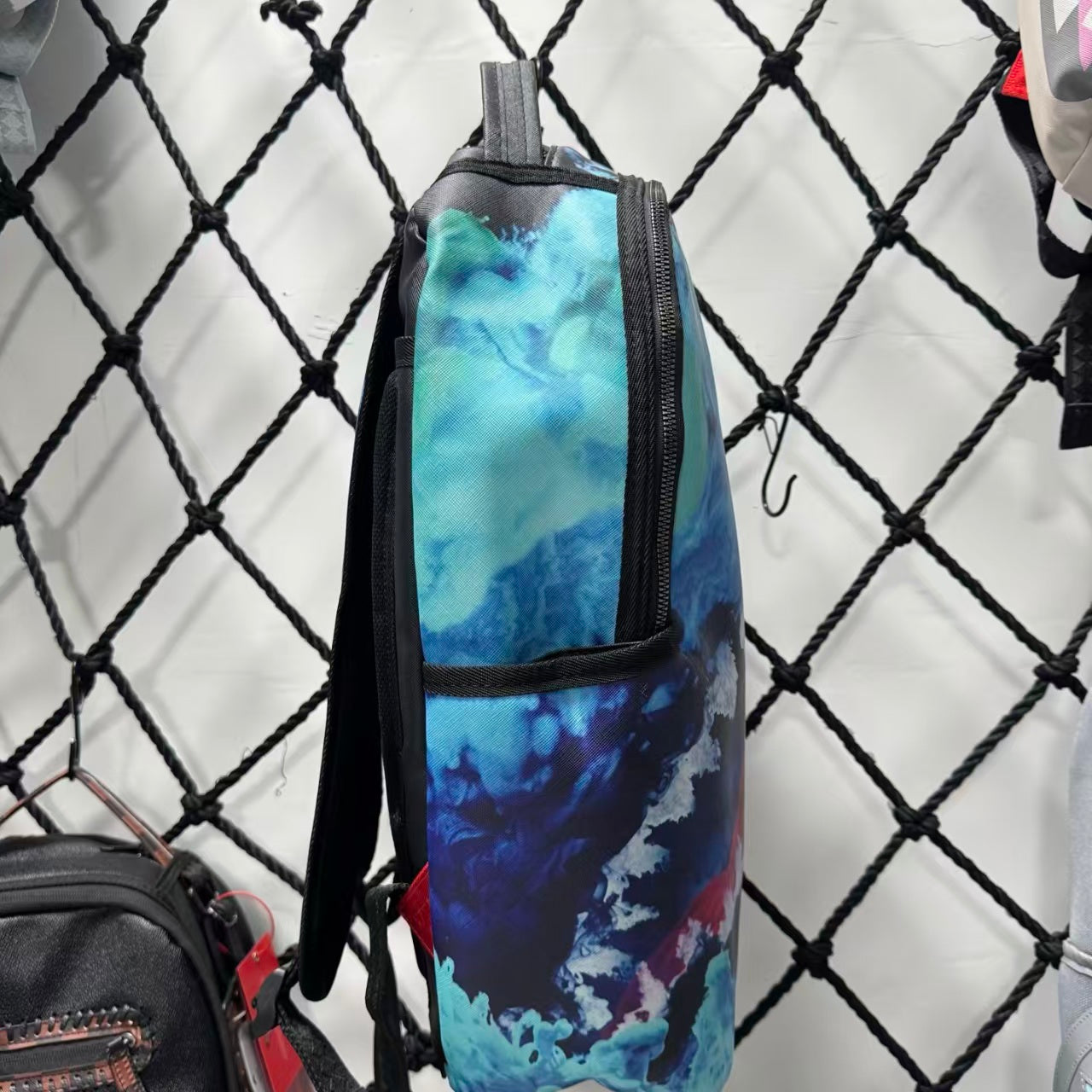 Blue Purple & Red Watercolor Cloud Pattern Streetwear Backpack - Artistic Nebula Shark Mouth Design
