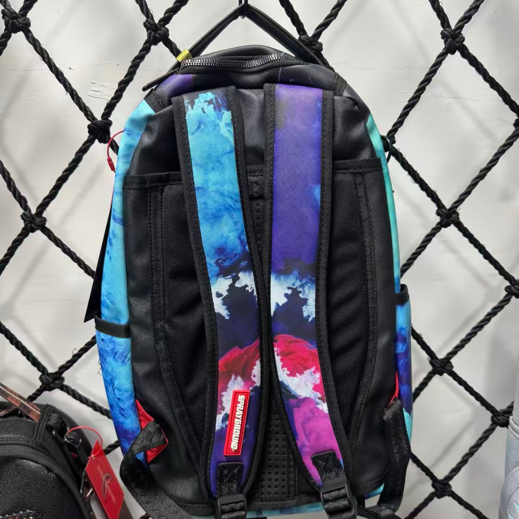 Blue Purple & Red Watercolor Cloud Pattern Streetwear Backpack - Artistic Nebula Shark Mouth Design