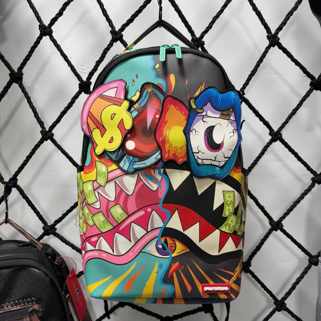 Colorful Graffiti Money Streetwear Backpack - Exaggerated Eye and Melting Dripping Pink Shark Mouth Design