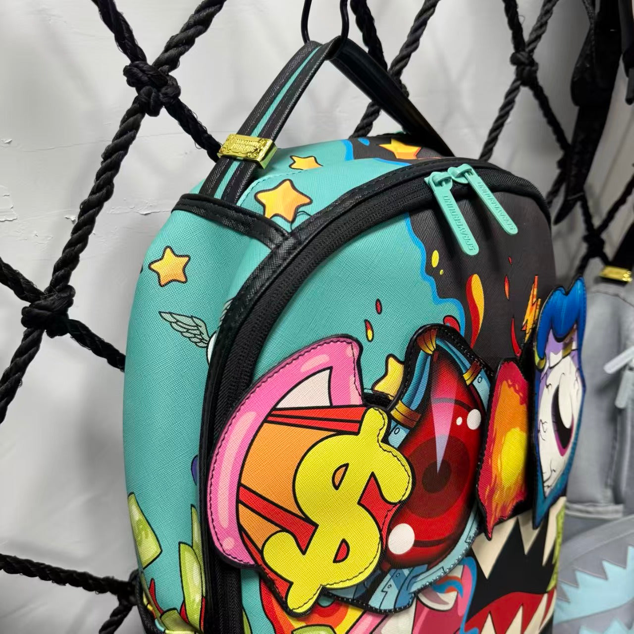 Colorful Graffiti Money Streetwear Backpack - Exaggerated Eye and Melting Dripping Pink Shark Mouth Design