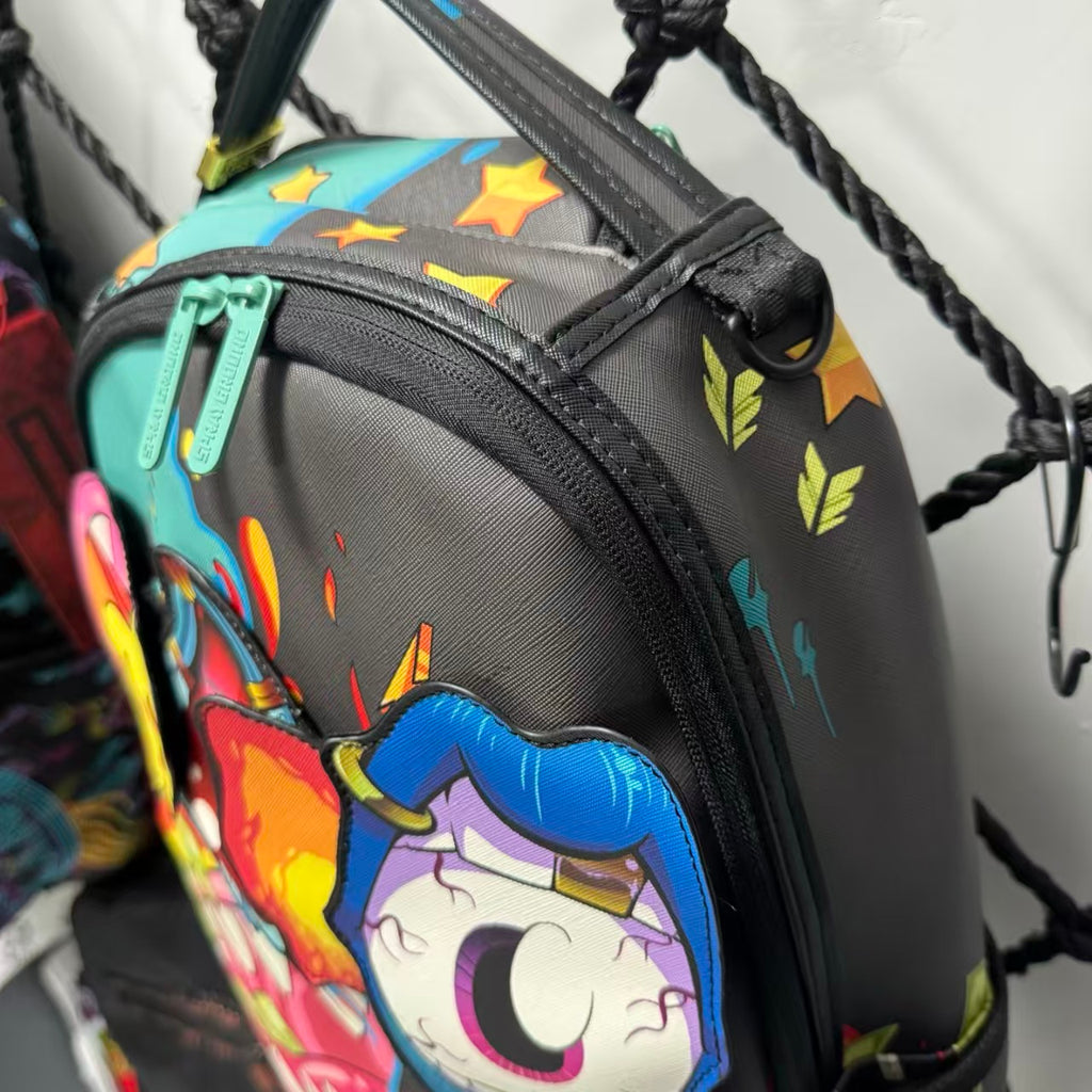 Colorful Graffiti Money Streetwear Backpack - Exaggerated Eye and Melting Dripping Pink Shark Mouth Design