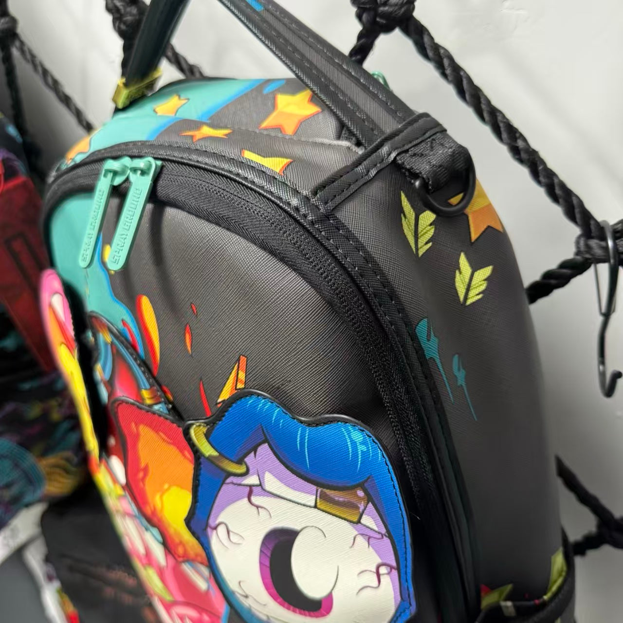 Colorful Graffiti Money Streetwear Backpack - Exaggerated Eye and Melting Dripping Pink Shark Mouth Design