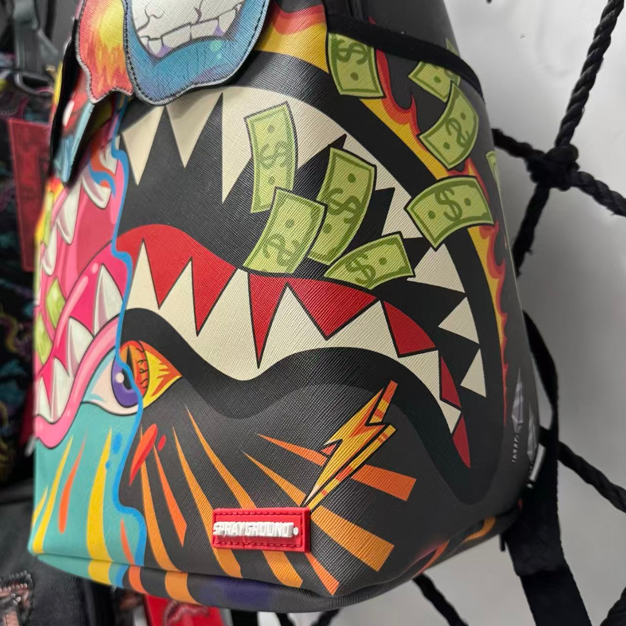 Colorful Graffiti Money Streetwear Backpack - Exaggerated Eye and Melting Dripping Pink Shark Mouth Design