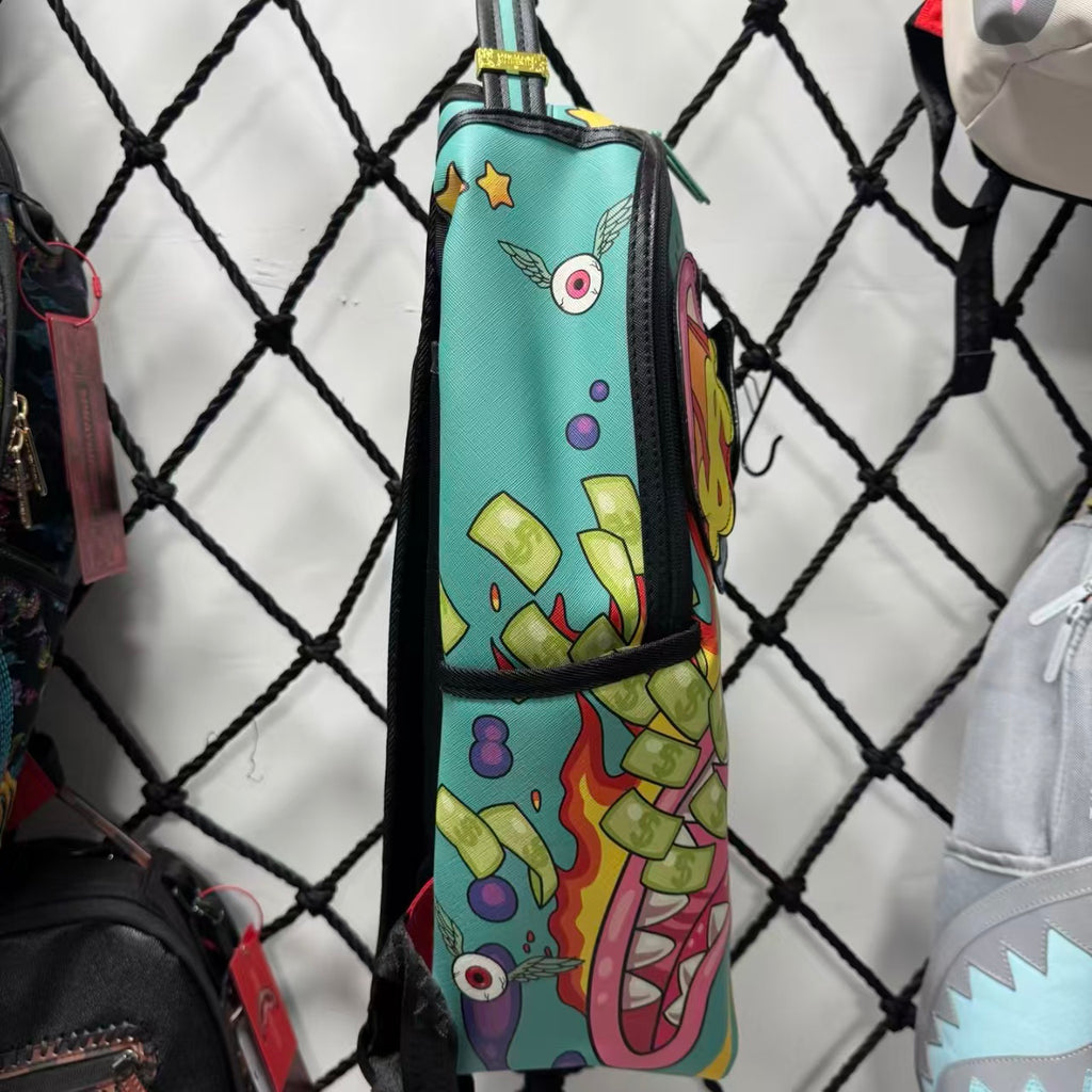 Colorful Graffiti Money Streetwear Backpack - Exaggerated Eye and Melting Dripping Pink Shark Mouth Design