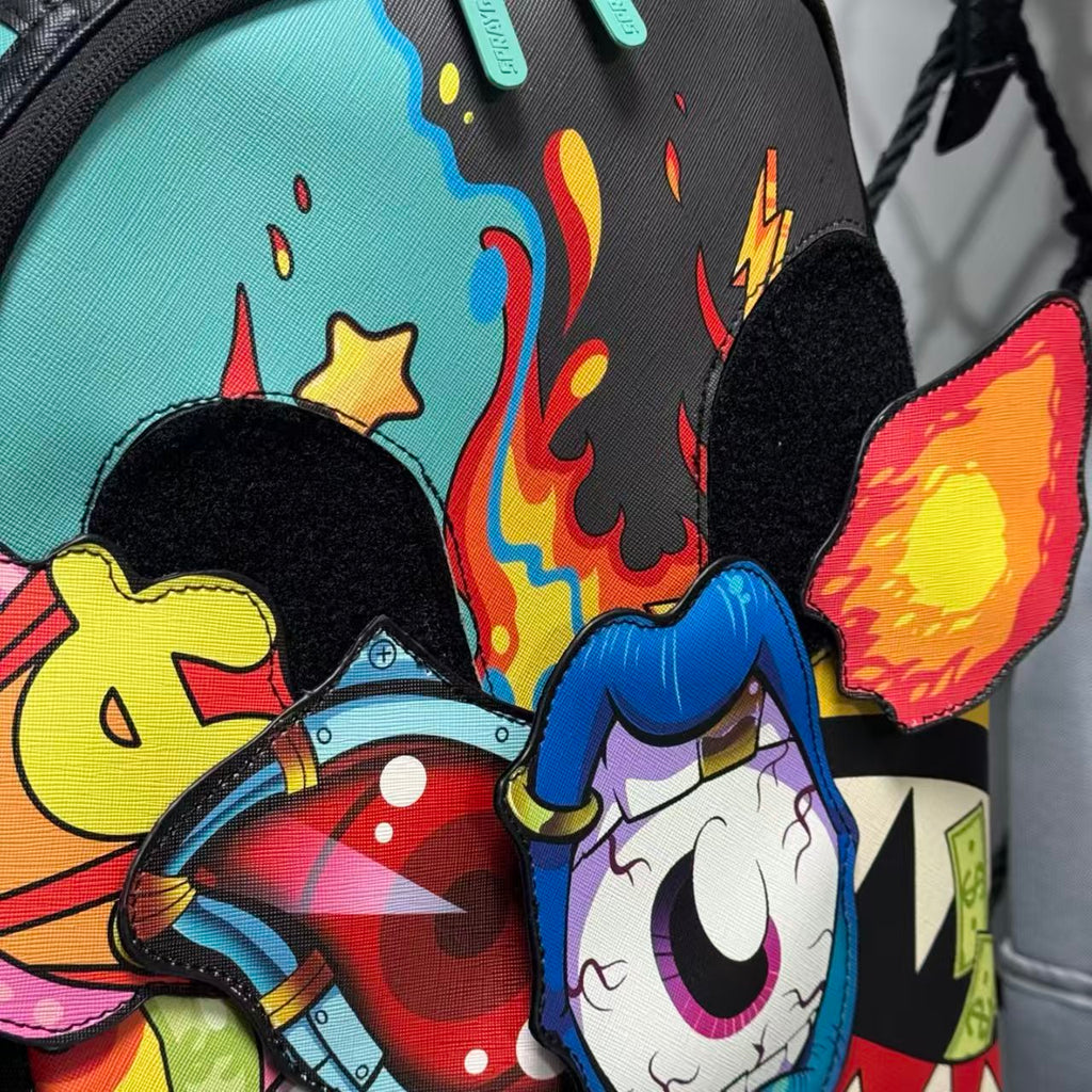 Colorful Graffiti Money Streetwear Backpack - Exaggerated Eye and Melting Dripping Pink Shark Mouth Design