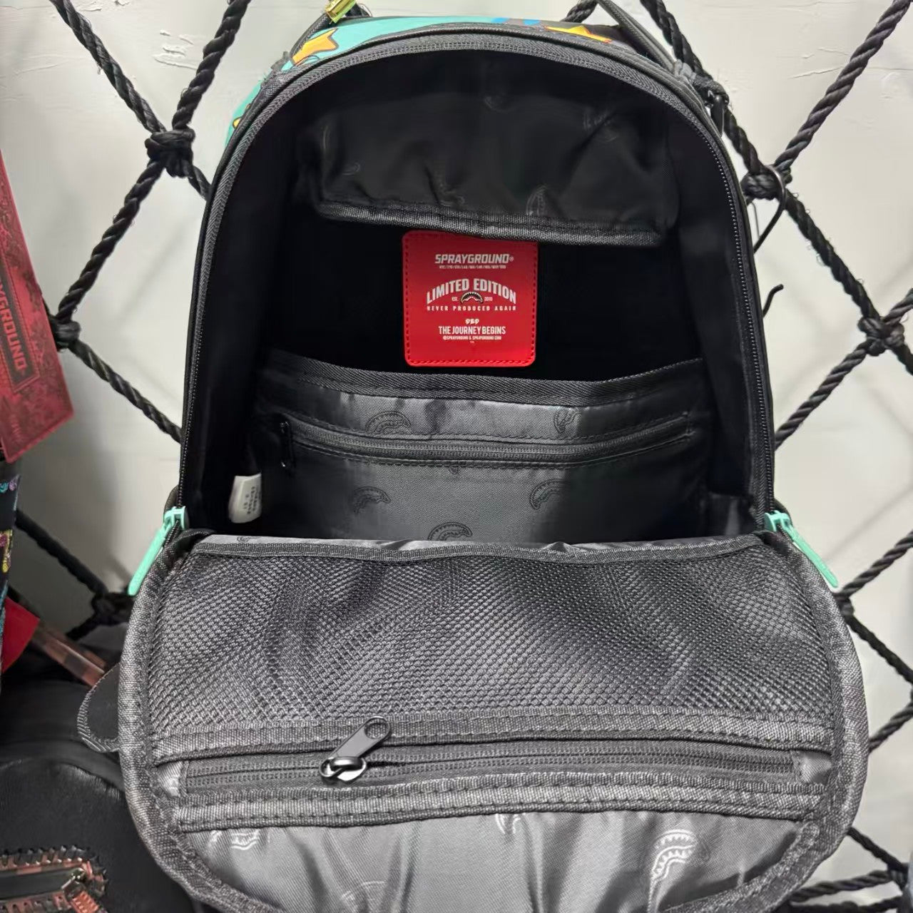 Colorful Graffiti Money Streetwear Backpack - Exaggerated Eye and Melting Dripping Pink Shark Mouth Design