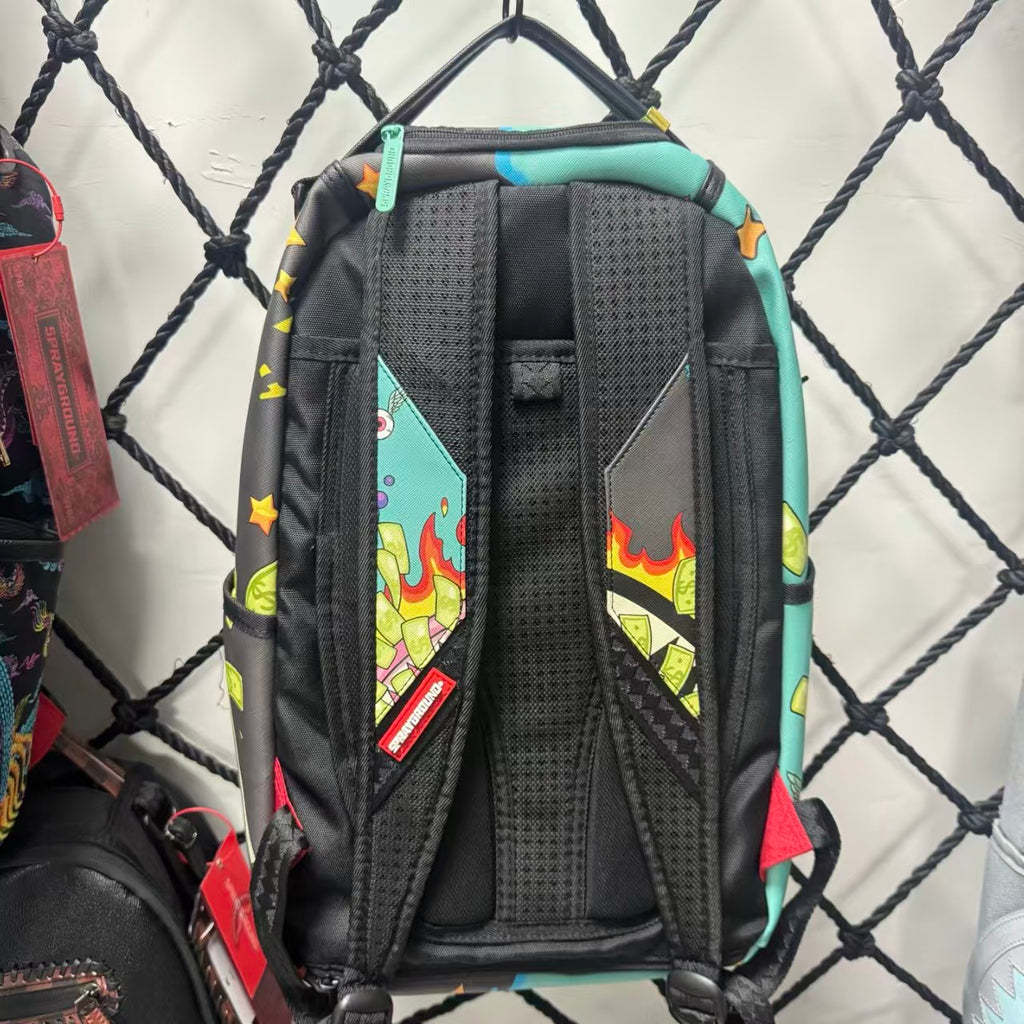 Colorful Graffiti Money Streetwear Backpack - Exaggerated Eye and Melting Dripping Pink Shark Mouth Design