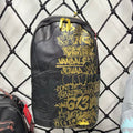 Black Textured Leather Streetwear Backpack - Gold Graffiti Lettering & 3D Shark Mouth Silhouette Design
