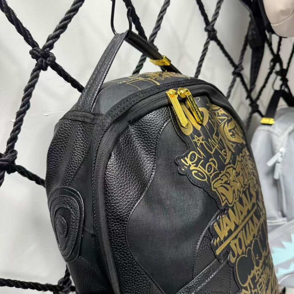 Black Textured Leather Streetwear Backpack - Gold Graffiti Lettering & 3D Shark Mouth Silhouette Design
