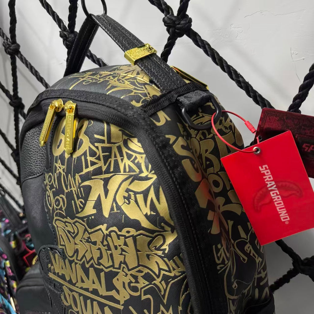 Black Textured Leather Streetwear Backpack - Gold Graffiti Lettering & 3D Shark Mouth Silhouette Design
