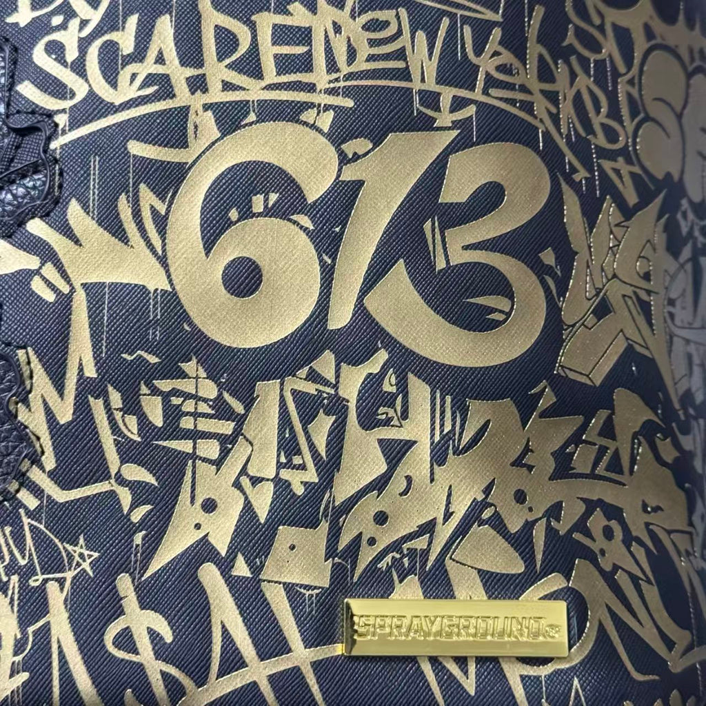 Black Textured Leather Streetwear Backpack - Gold Graffiti Lettering & 3D Shark Mouth Silhouette Design
