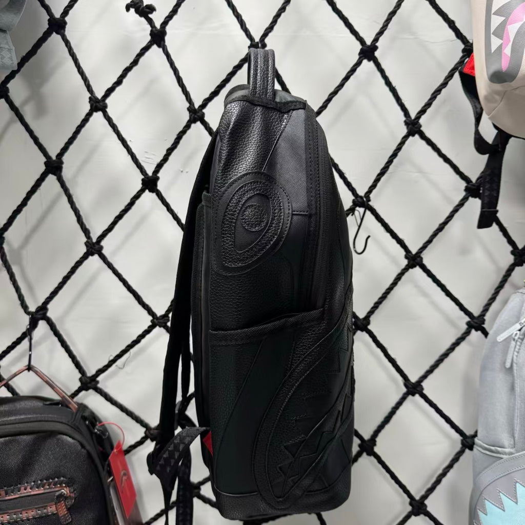 Black Textured Leather Streetwear Backpack - Gold Graffiti Lettering & 3D Shark Mouth Silhouette Design