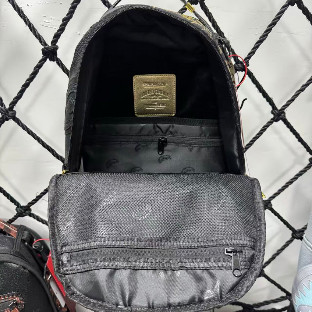 Black Textured Leather Streetwear Backpack - Gold Graffiti Lettering & 3D Shark Mouth Silhouette Design