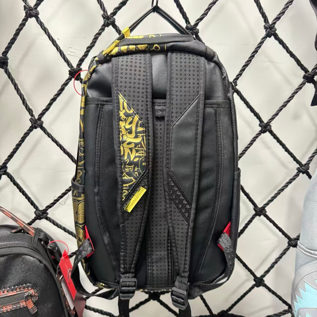 Black Textured Leather Streetwear Backpack - Gold Graffiti Lettering & 3D Shark Mouth Silhouette Design