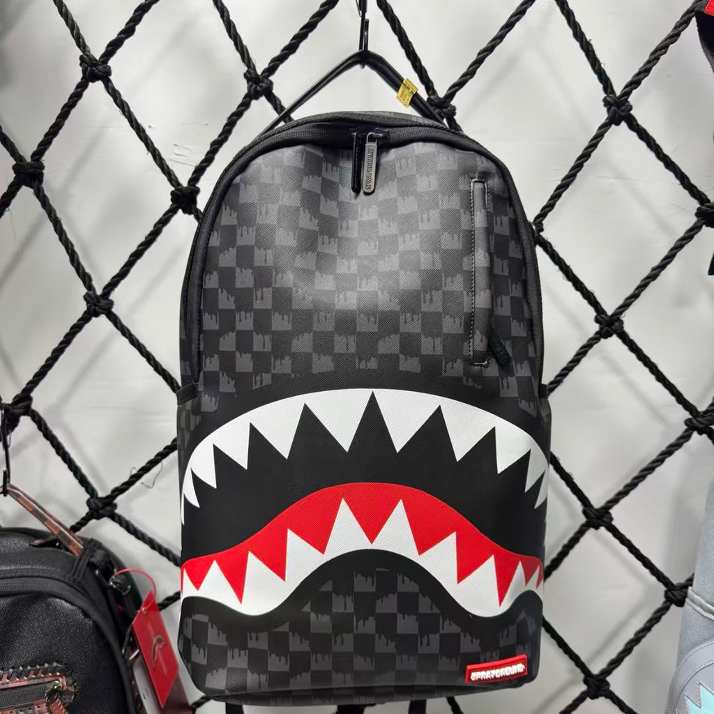 Black Subtle Checkered Pattern Streetwear Backpack - Classic Red, White and Black Shark Mouth Design