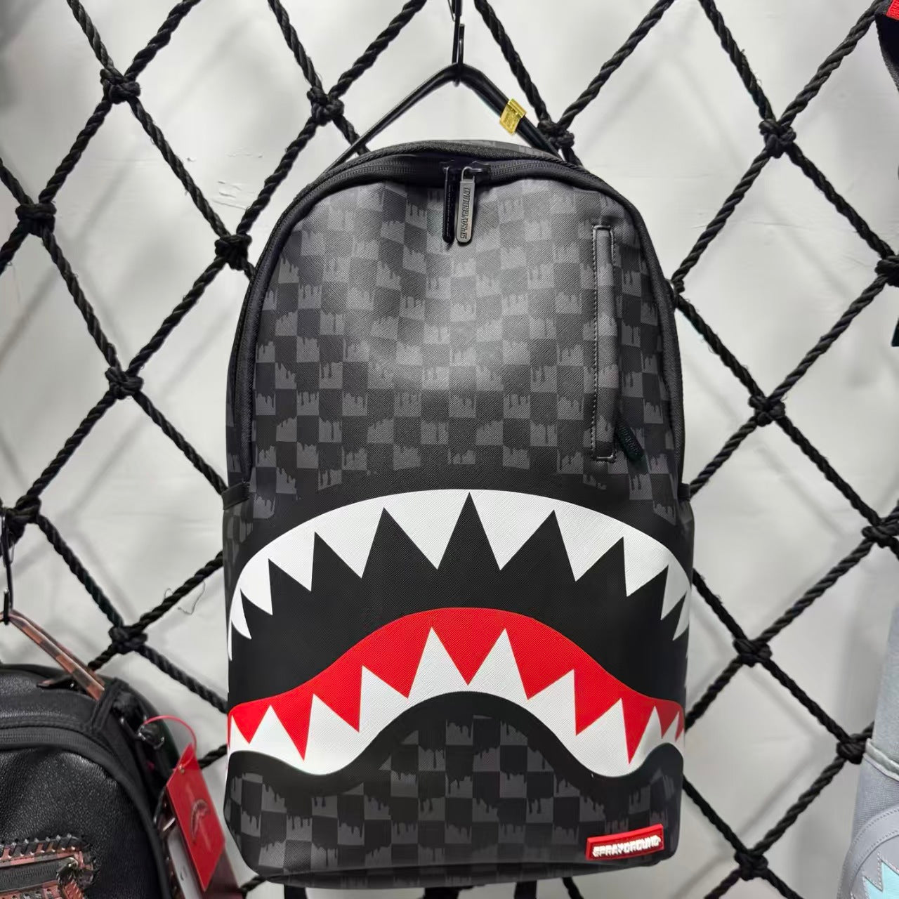 Black Subtle Checkered Pattern Streetwear Backpack - Classic Red, White and Black Shark Mouth Design