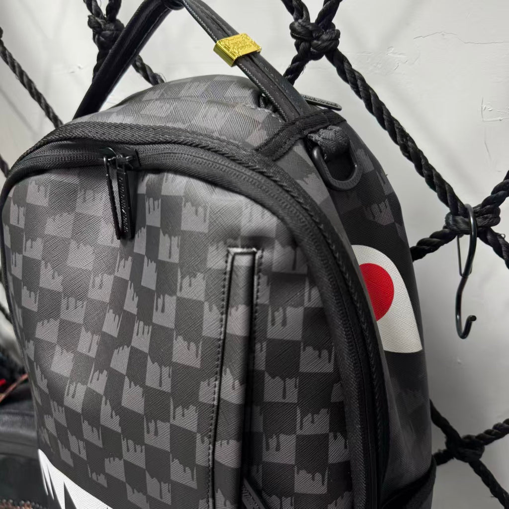 Black Subtle Checkered Pattern Streetwear Backpack - Classic Red, White and Black Shark Mouth Design