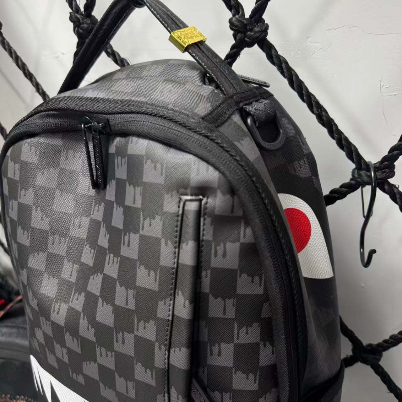Black Subtle Checkered Pattern Streetwear Backpack - Classic Red, White and Black Shark Mouth Design