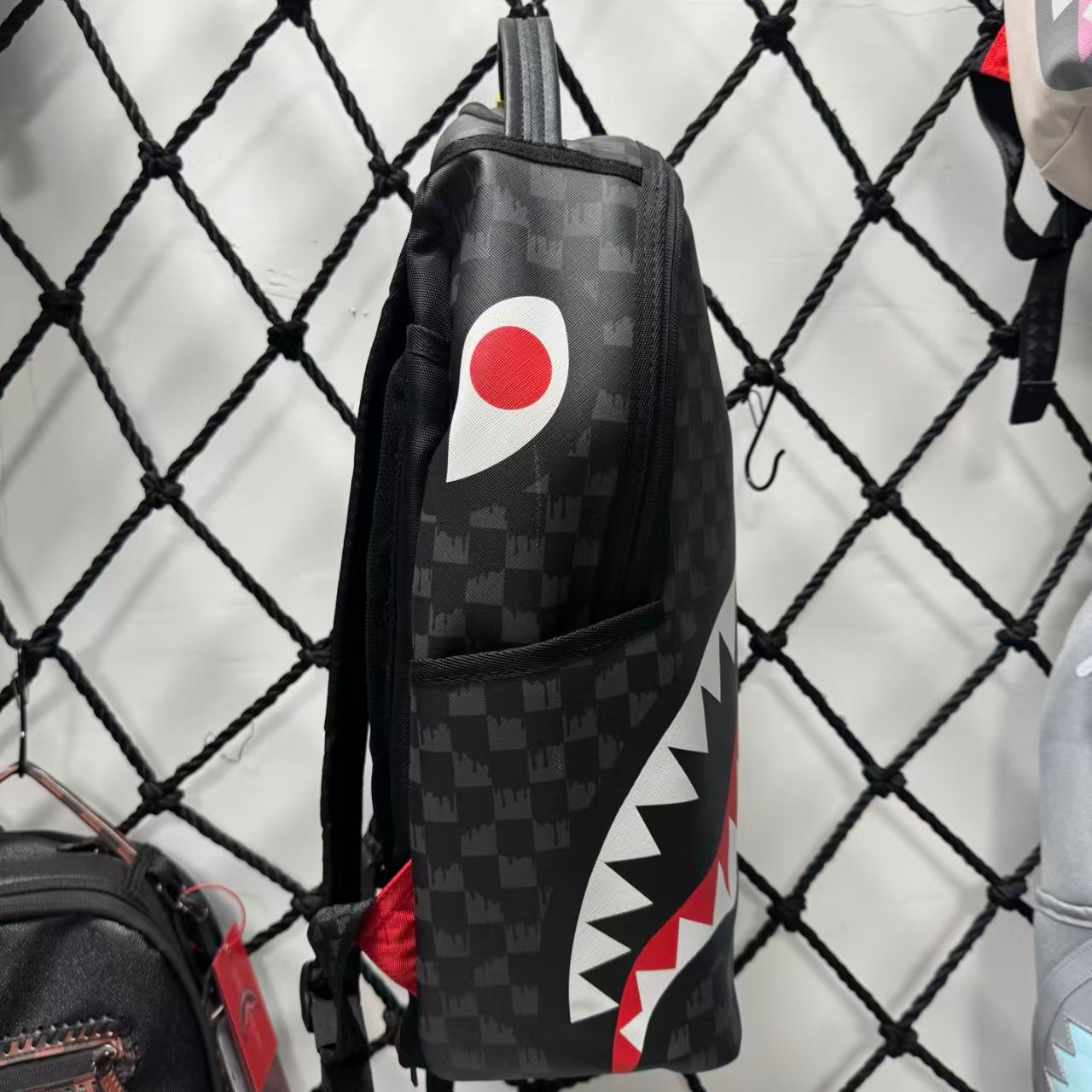 Black Subtle Checkered Pattern Streetwear Backpack - Classic Red, White and Black Shark Mouth Design