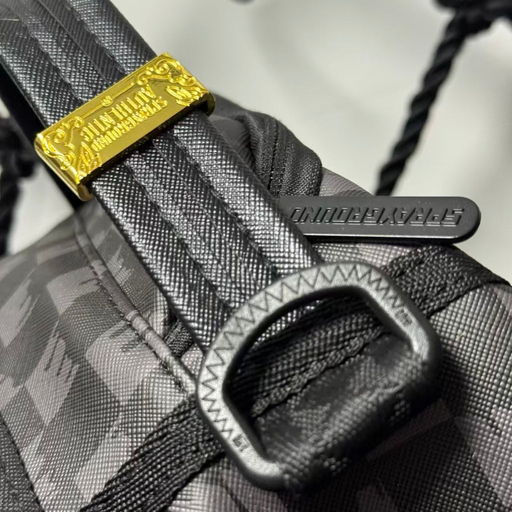 Black Subtle Checkered Pattern Streetwear Backpack - Classic Red, White and Black Shark Mouth Design