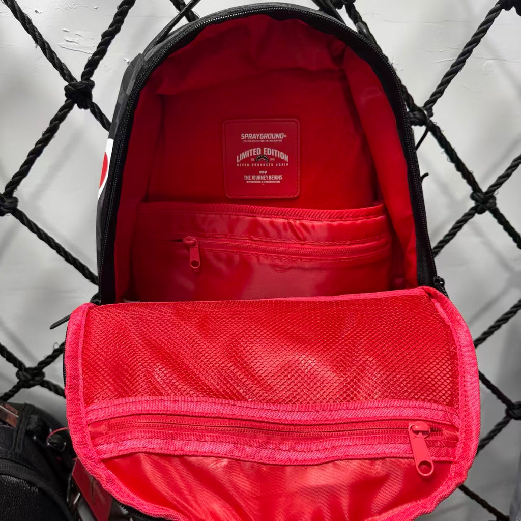 Black Subtle Checkered Pattern Streetwear Backpack - Classic Red, White and Black Shark Mouth Design