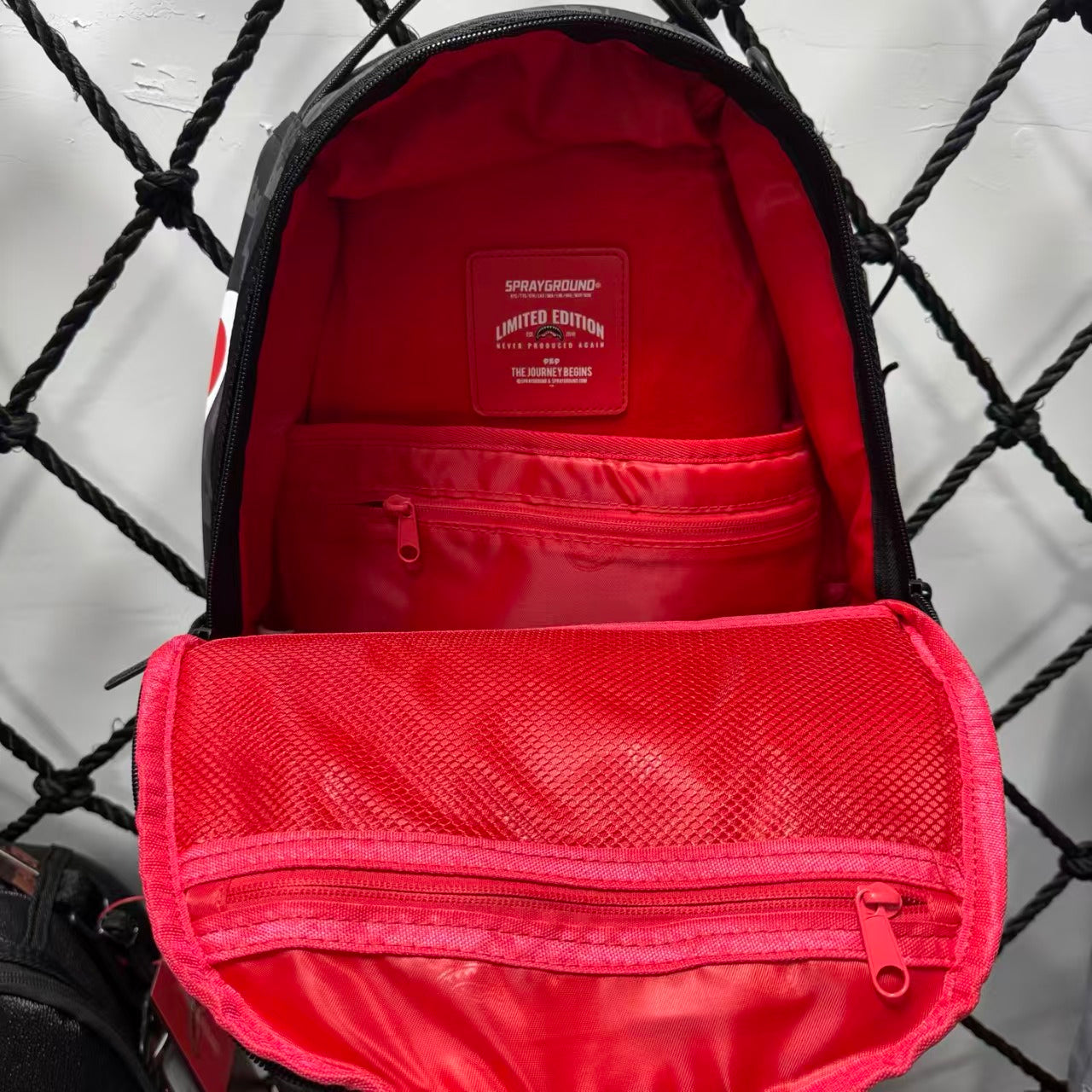 Black Subtle Checkered Pattern Streetwear Backpack - Classic Red, White and Black Shark Mouth Design