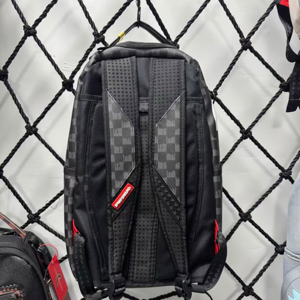 Black Subtle Checkered Pattern Streetwear Backpack - Classic Red, White and Black Shark Mouth Design