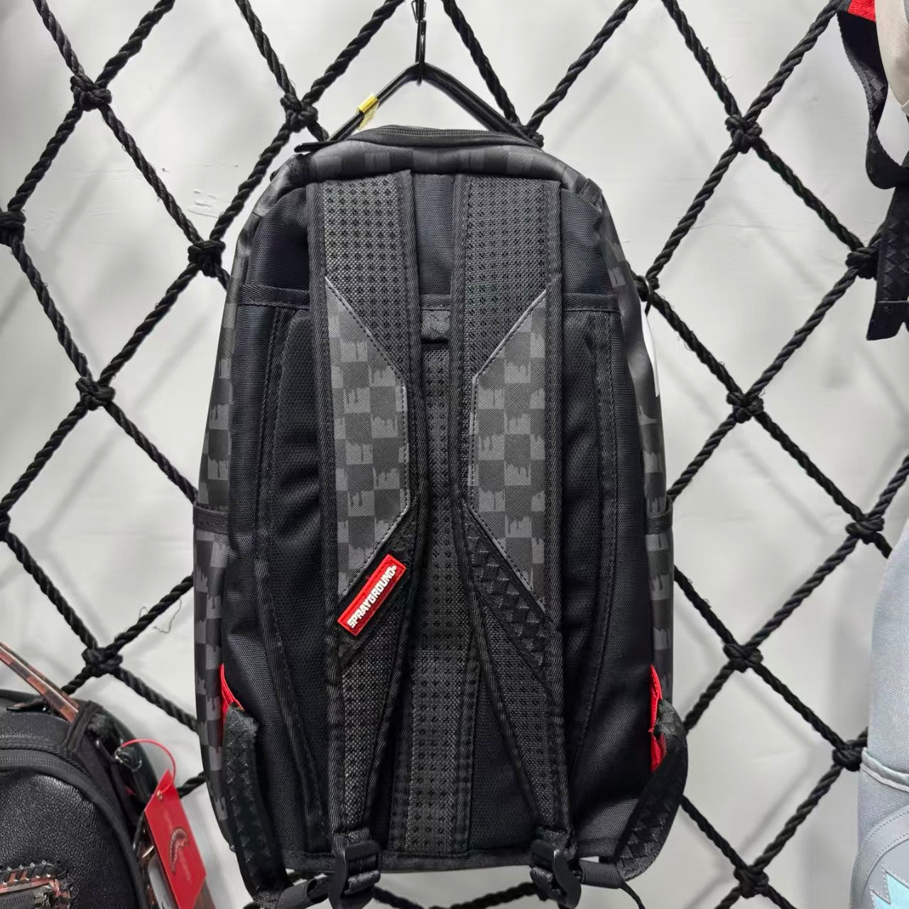Black Subtle Checkered Pattern Streetwear Backpack - Classic Red, White and Black Shark Mouth Design