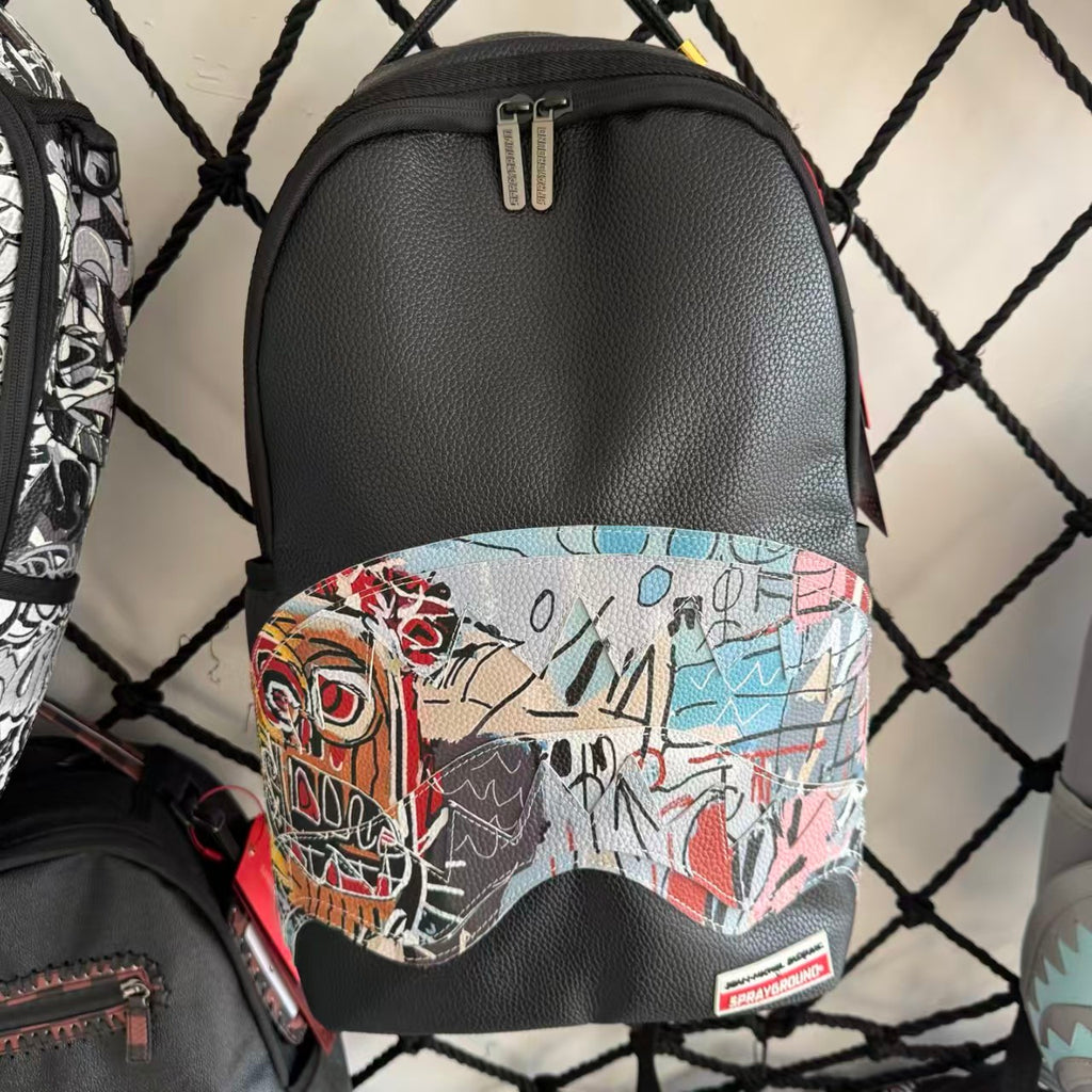 Black Pebbled Leather Backpack with Abstract Art Graffiti Splicing - Colorful Print Design