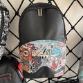 Black Pebbled Leather Backpack with Abstract Art Graffiti Splicing - Colorful Print Design