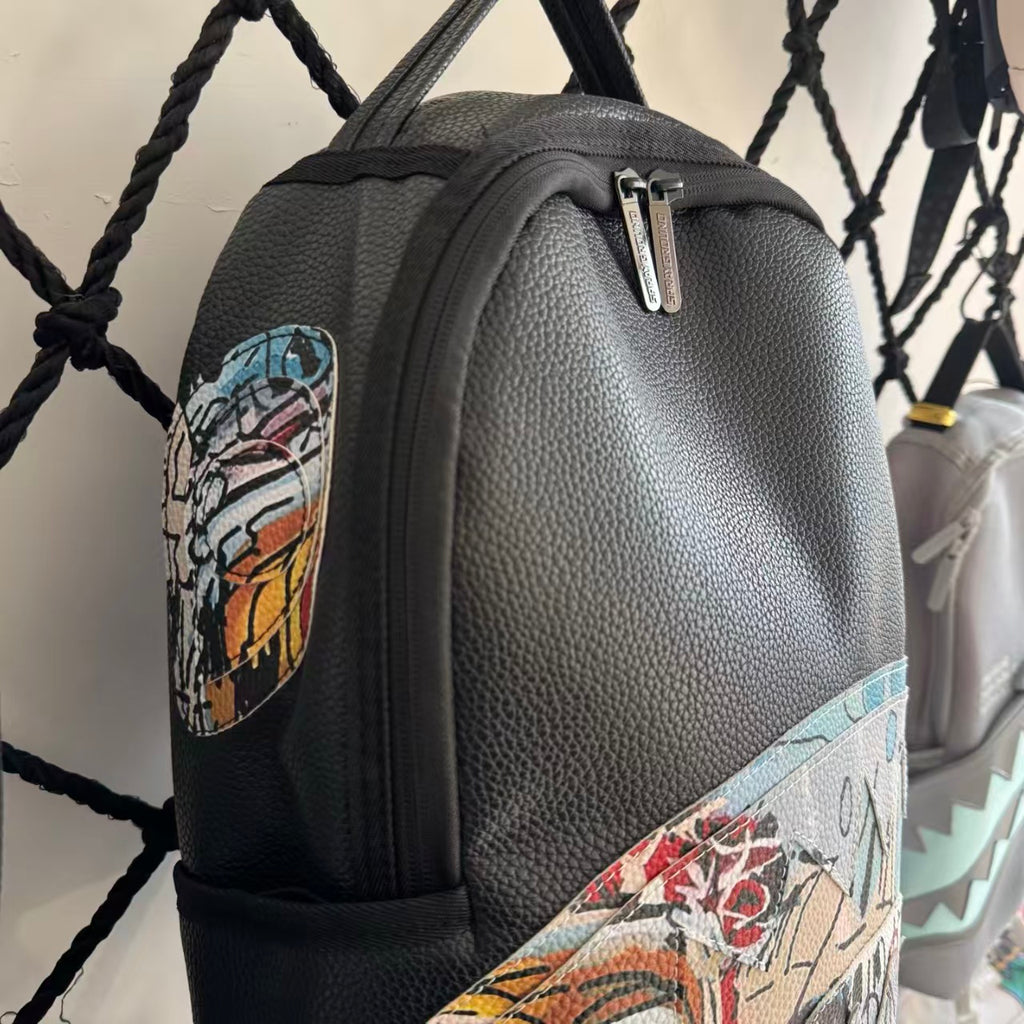 Black Pebbled Leather Backpack with Abstract Art Graffiti Splicing - Colorful Print Design