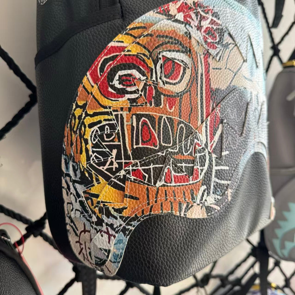 Black Pebbled Leather Backpack with Abstract Art Graffiti Splicing - Colorful Print Design