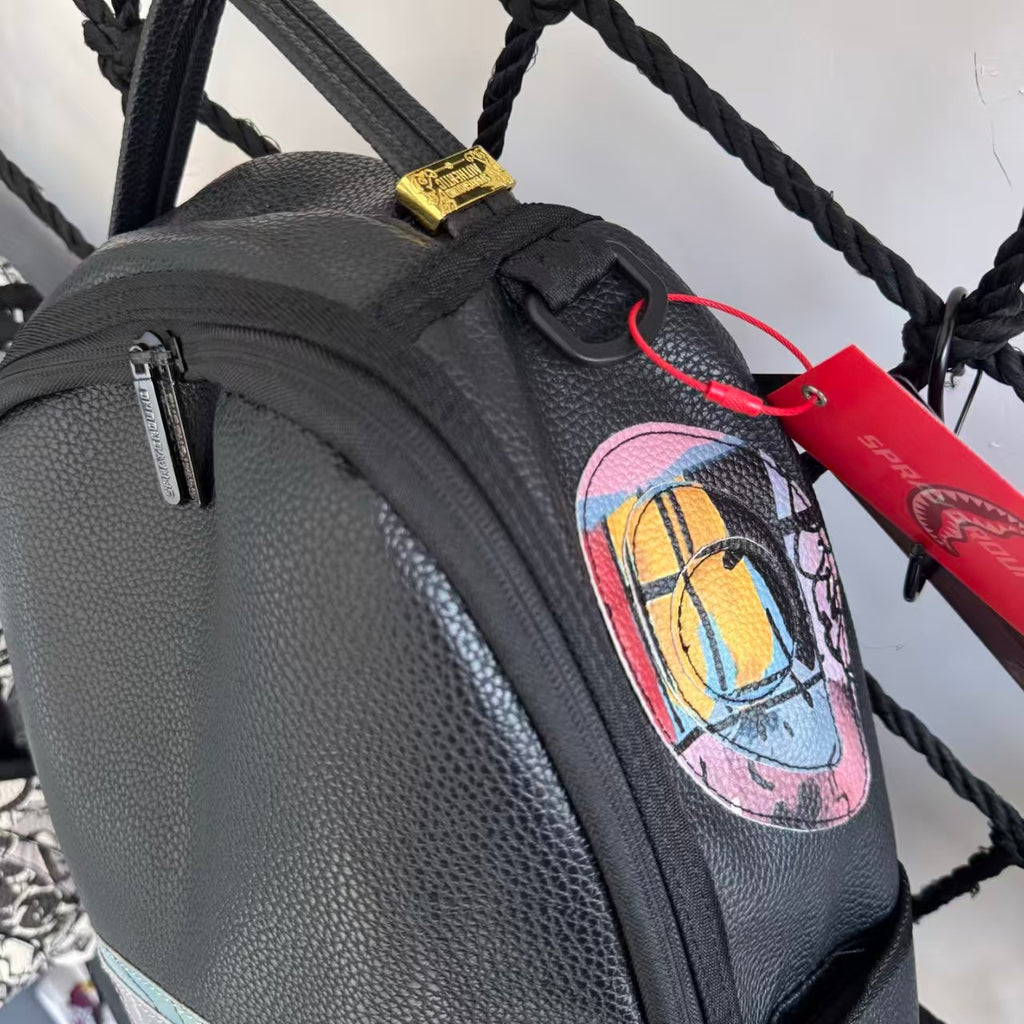 Black Pebbled Leather Backpack with Abstract Art Graffiti Splicing - Colorful Print Design