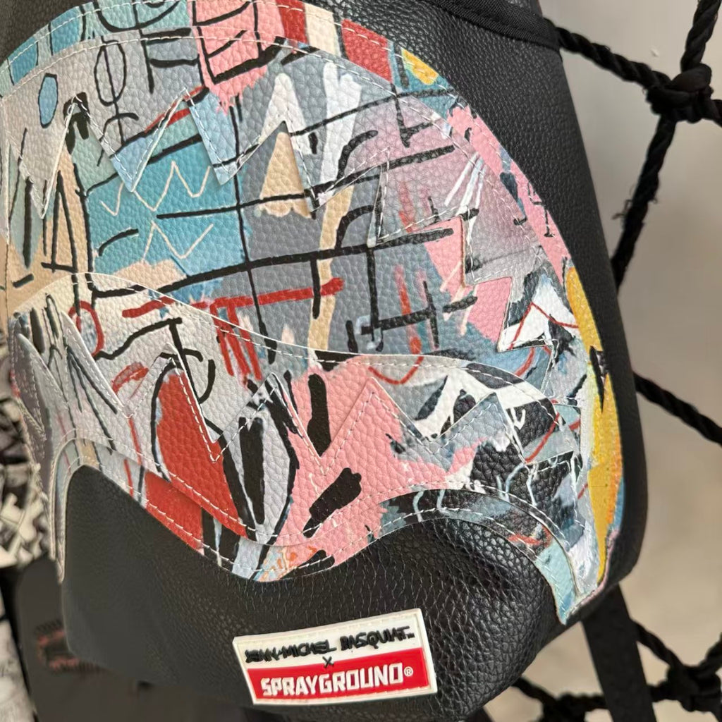 Black Pebbled Leather Backpack with Abstract Art Graffiti Splicing - Colorful Print Design