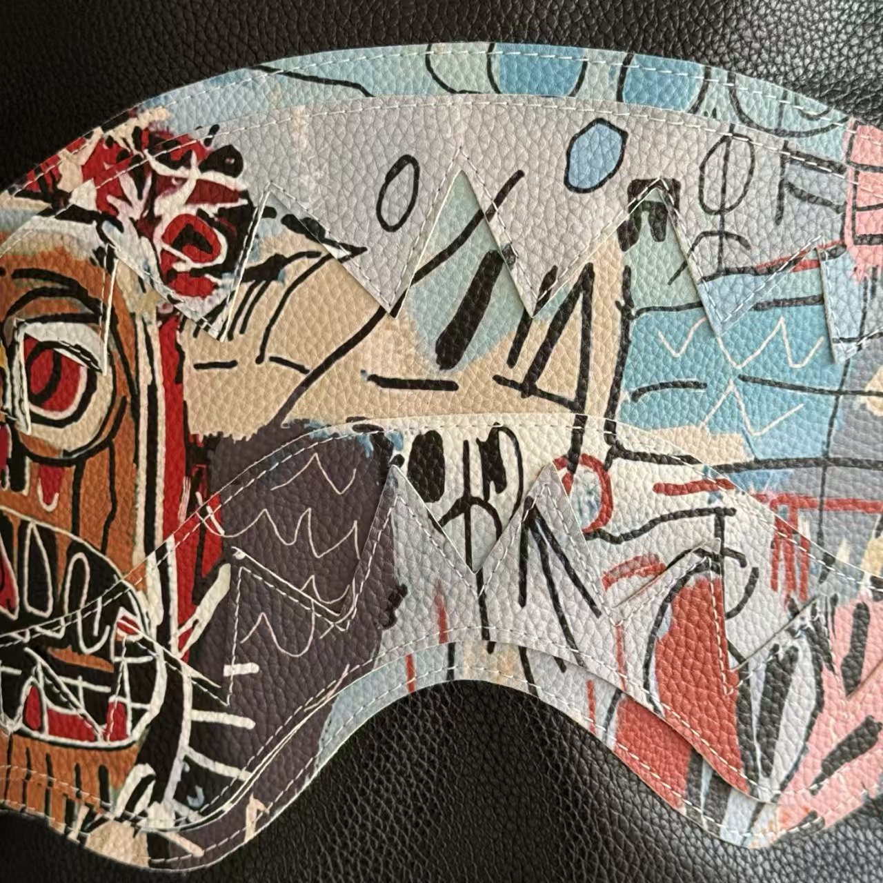 Black Pebbled Leather Backpack with Abstract Art Graffiti Splicing - Colorful Print Design