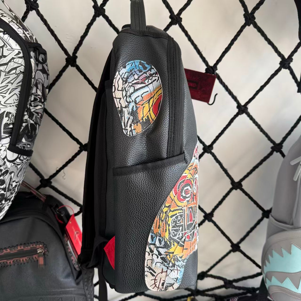 Black Pebbled Leather Backpack with Abstract Art Graffiti Splicing - Colorful Print Design