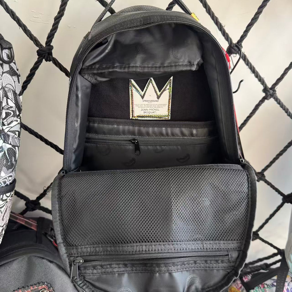 Black Pebbled Leather Backpack with Abstract Art Graffiti Splicing - Colorful Print Design