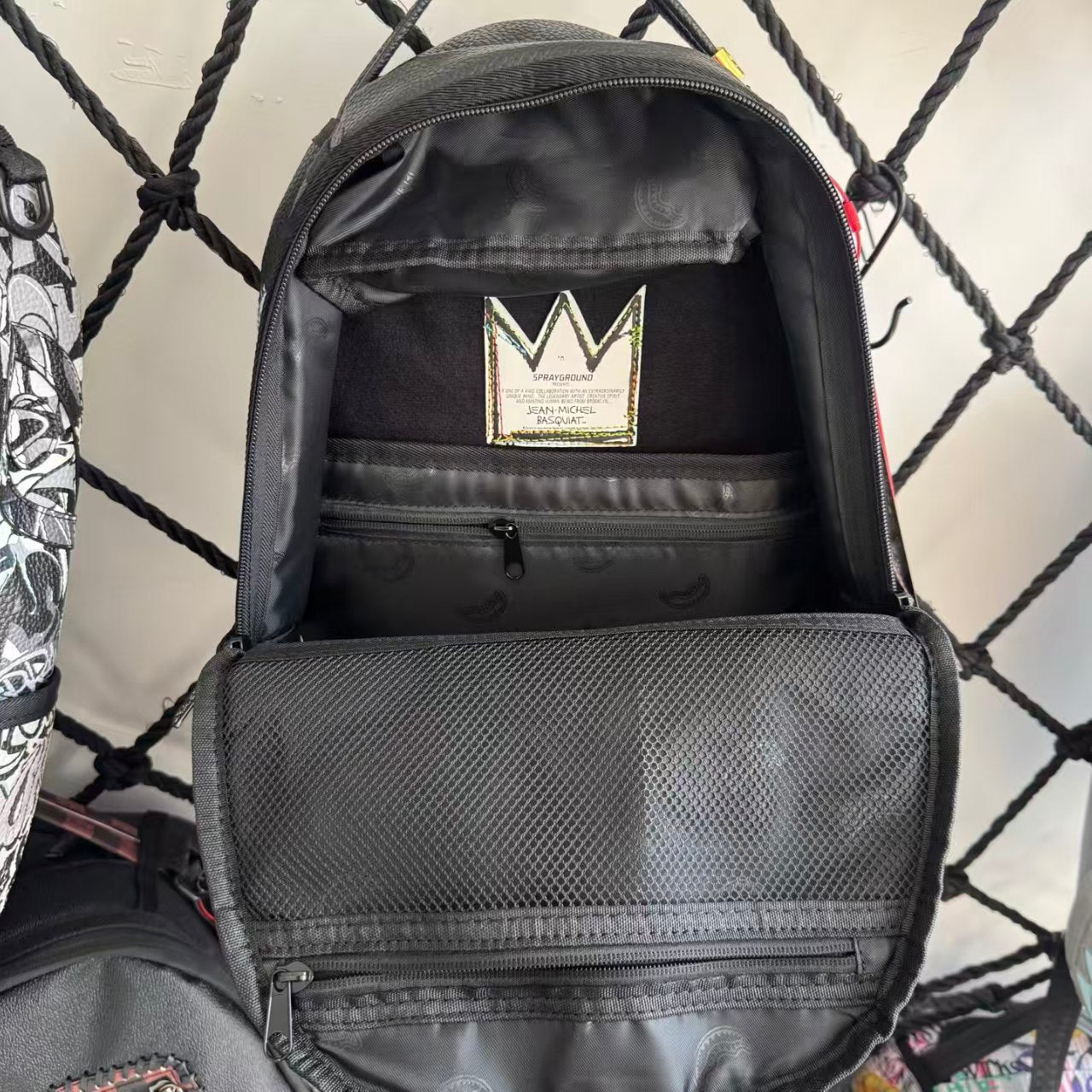 Black Pebbled Leather Backpack with Abstract Art Graffiti Splicing - Colorful Print Design