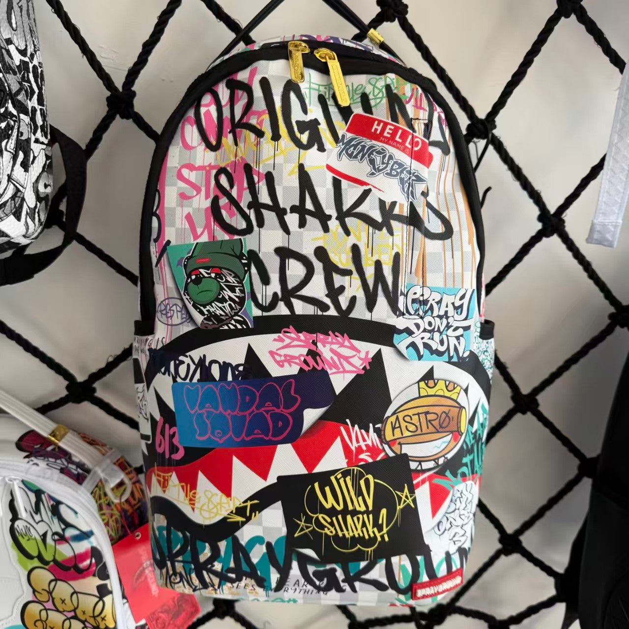 Black Pebbled Leather Backpack with Abstract Art Graffiti Splicing - Colorful Print Design
