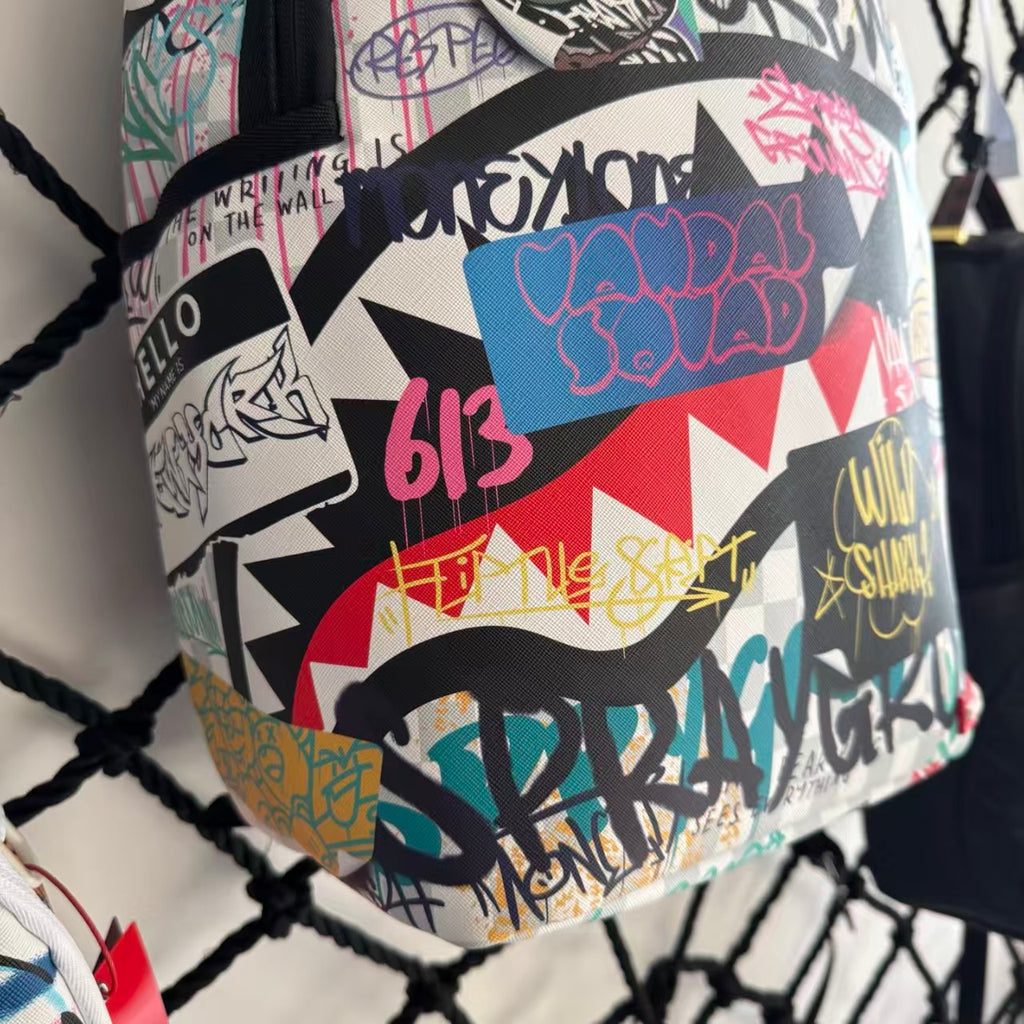 Streetwear Graffiti Collage Backpack - Light Checkerboard Base with Colorful Handwritten Lettering & Sticker Design