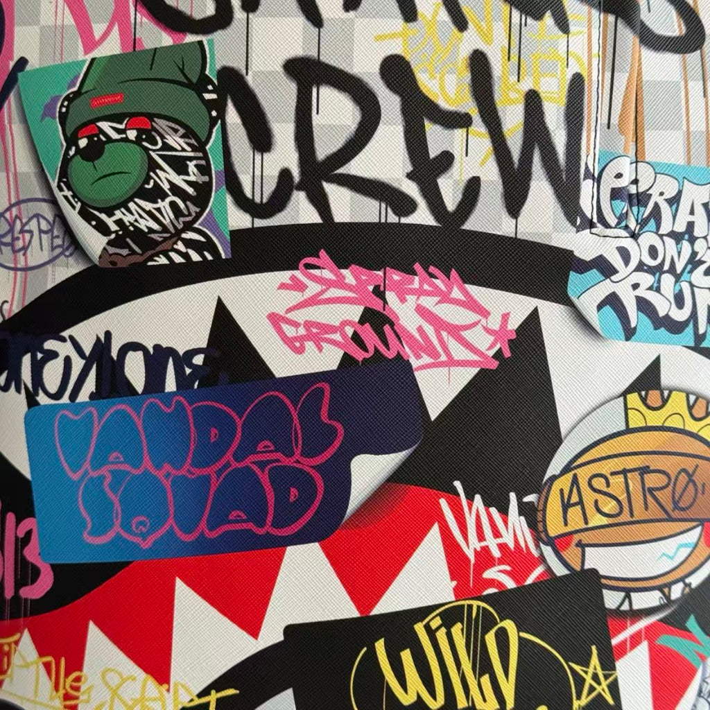 Streetwear Graffiti Collage Backpack - Light Checkerboard Base with Colorful Handwritten Lettering & Sticker Design