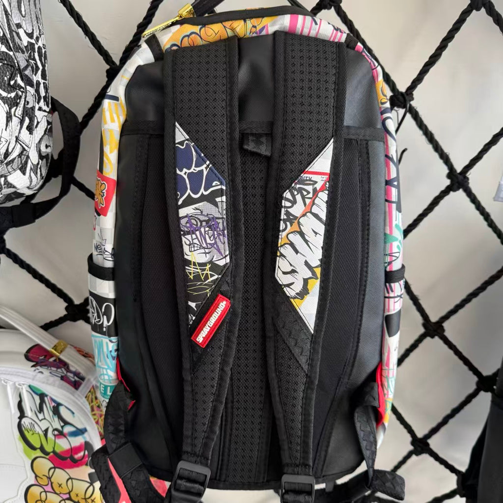 Streetwear Graffiti Collage Backpack - Light Checkerboard Base with Colorful Handwritten Lettering & Sticker Design