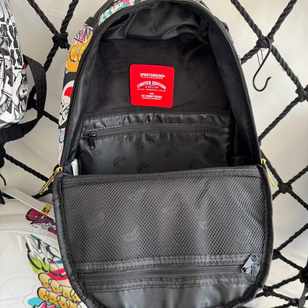 Streetwear Graffiti Collage Backpack - Light Checkerboard Base with Colorful Handwritten Lettering & Sticker Design