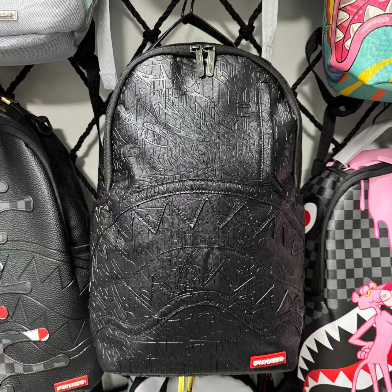 Black 3D Embossed Graffiti Streetwear Backpack - All-Black Dark Pattern Shark Mouth Design