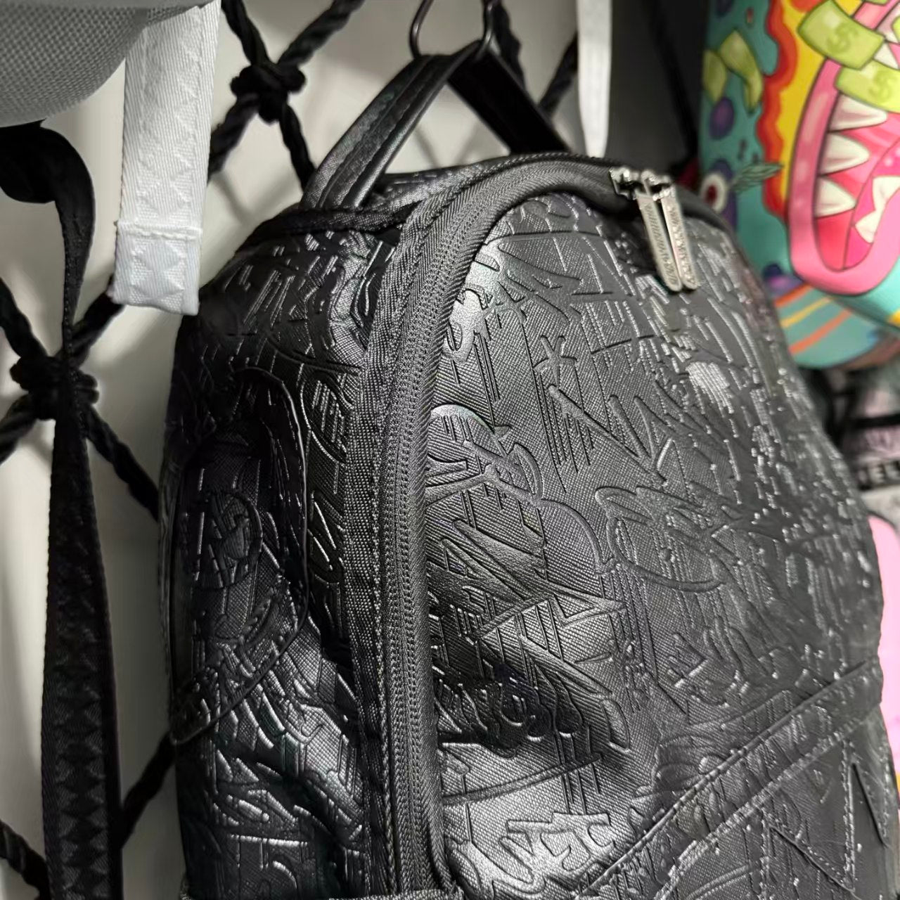 Black 3D Embossed Graffiti Streetwear Backpack - All-Black Dark Pattern Shark Mouth Design