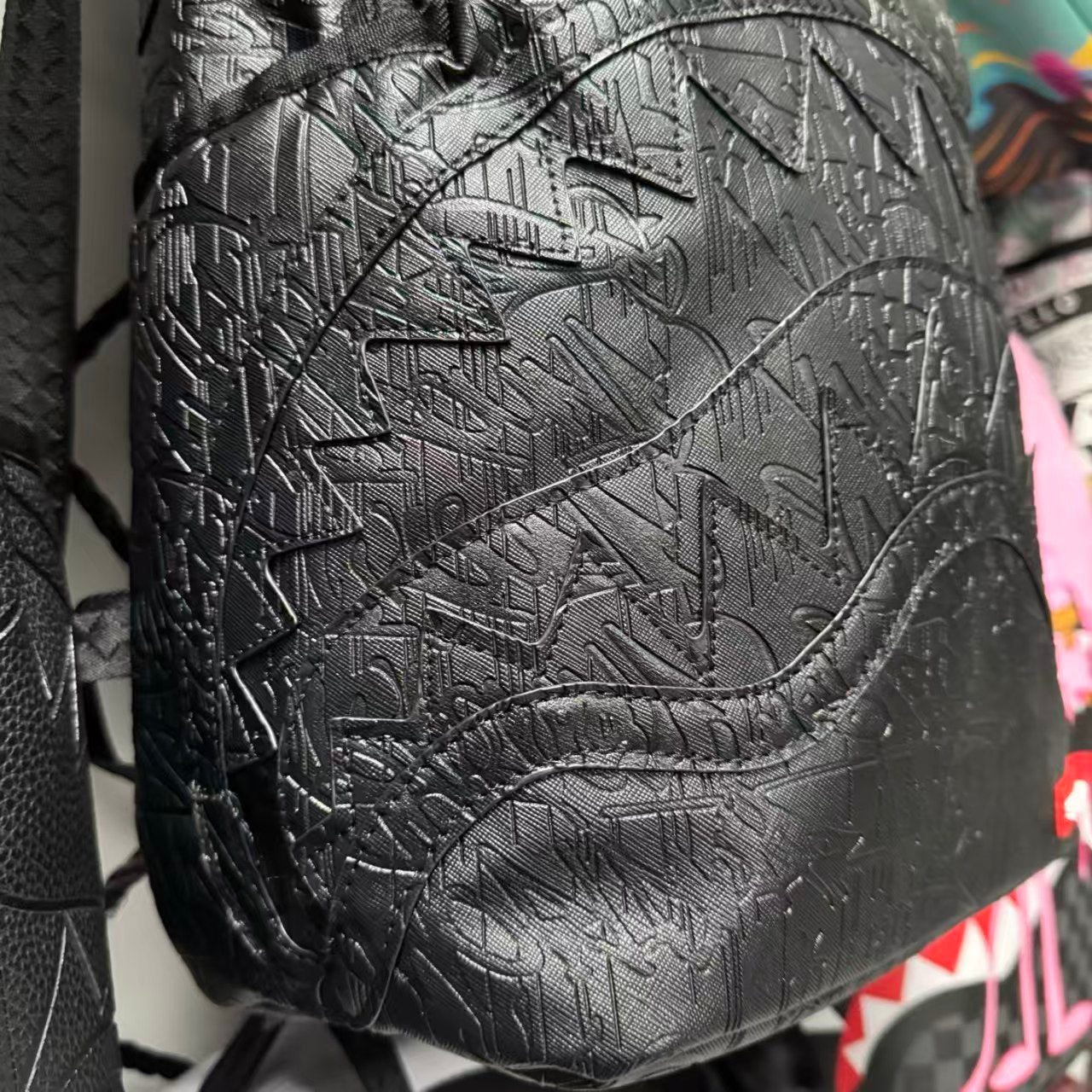 Black 3D Embossed Graffiti Streetwear Backpack - All-Black Dark Pattern Shark Mouth Design