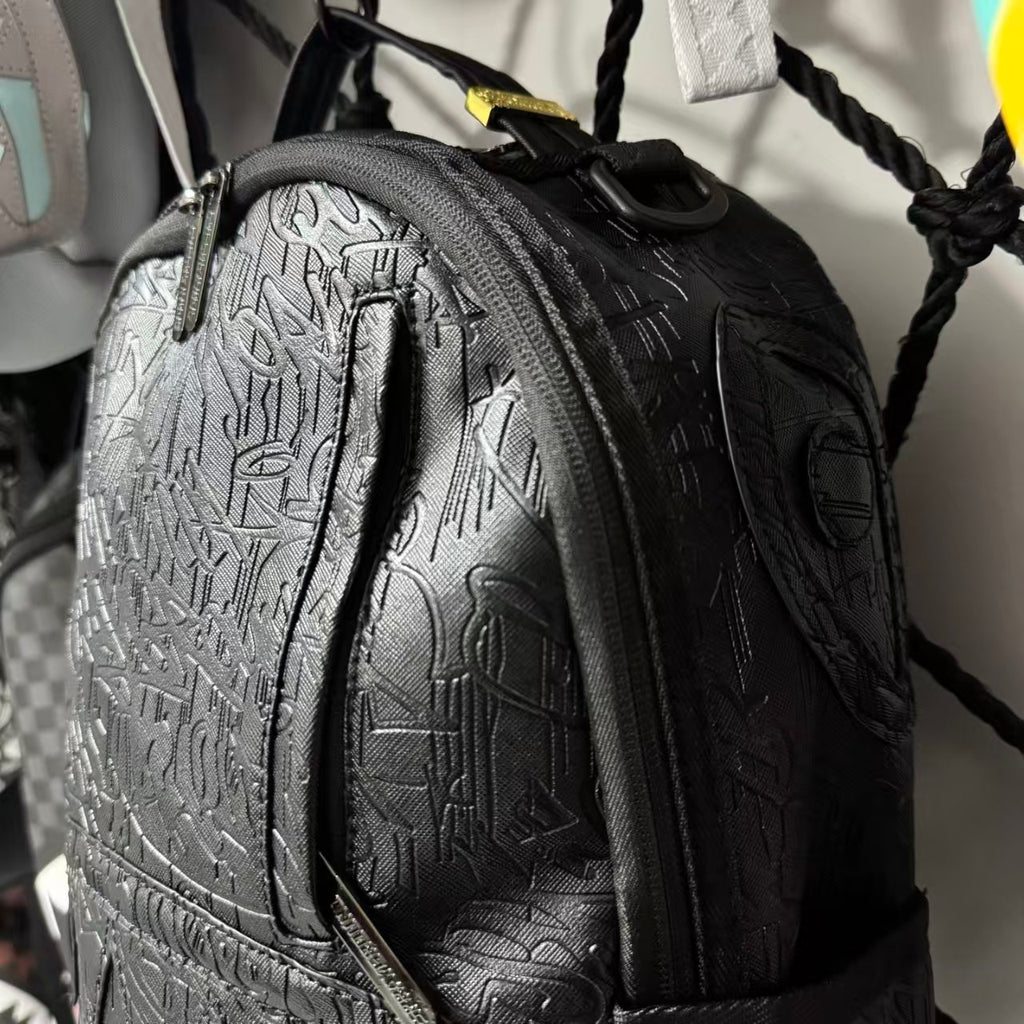 Black 3D Embossed Graffiti Streetwear Backpack - All-Black Dark Pattern Shark Mouth Design