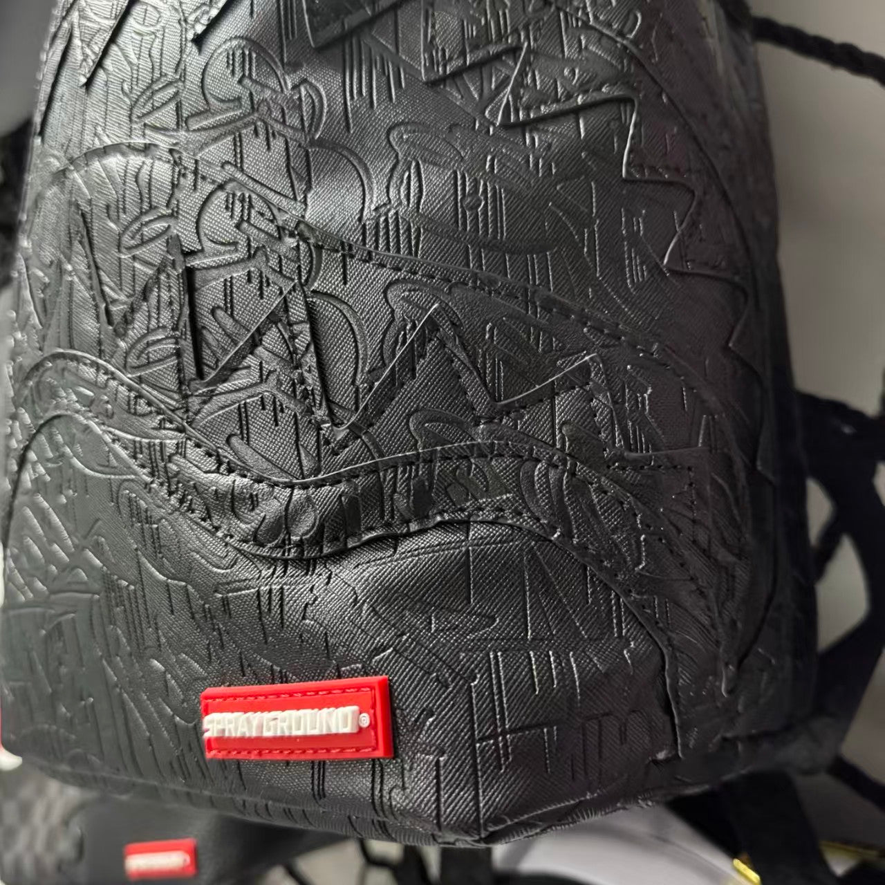Black 3D Embossed Graffiti Streetwear Backpack - All-Black Dark Pattern Shark Mouth Design