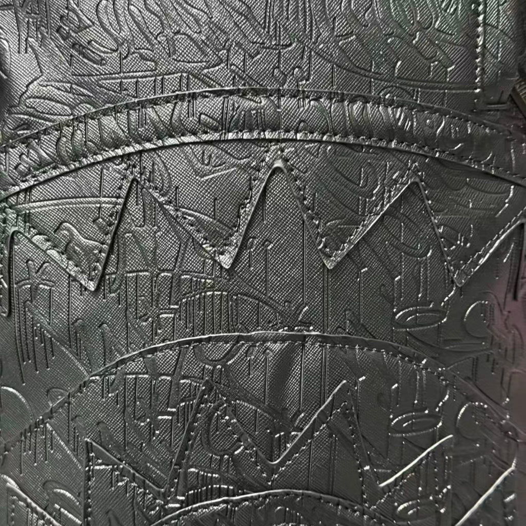 Black 3D Embossed Graffiti Streetwear Backpack - All-Black Dark Pattern Shark Mouth Design