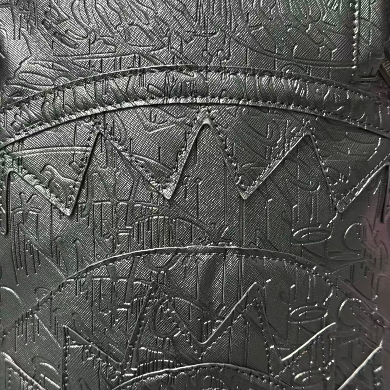 Black 3D Embossed Graffiti Streetwear Backpack - All-Black Dark Pattern Shark Mouth Design